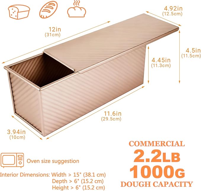 2.2 Lb Pullman Loaf Pan with Lid, 13x4 Nonstick Carbon Steel Bread Pan for Sandwich & Sourdough, Rectangular Corrugated Toast Box Mold for Oven Baking, Heavy Duty Easy Clean Bakeware (Gold)