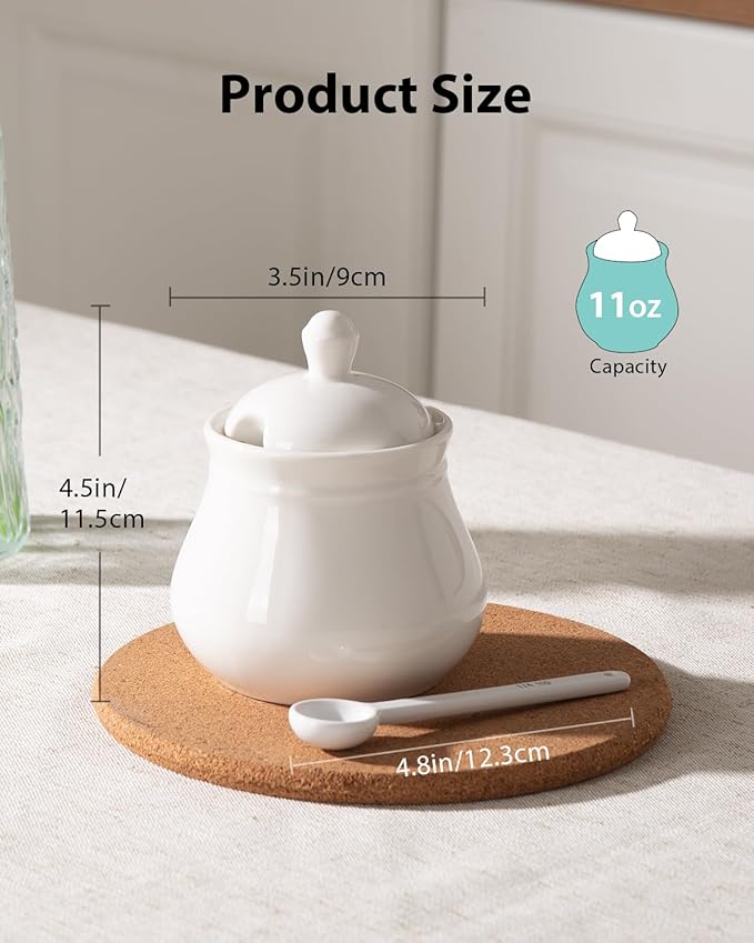 Ceramic Sugar Bowl with Lid and Spoon, 11Oz Sugar Container for Coffee Bar, Sugar Jar/Dispenser, White