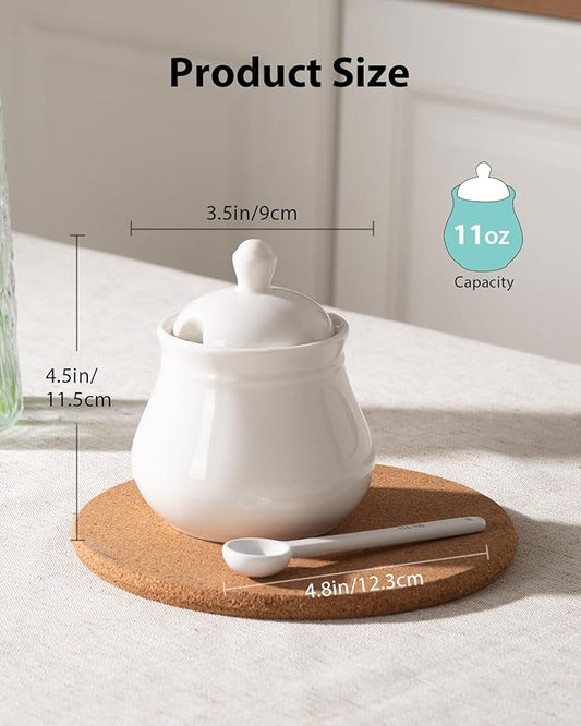 Ceramic Sugar Bowl with Lid and Spoon, 11Oz Sugar Container for Coffee Bar, Sugar Jar/Dispenser, White