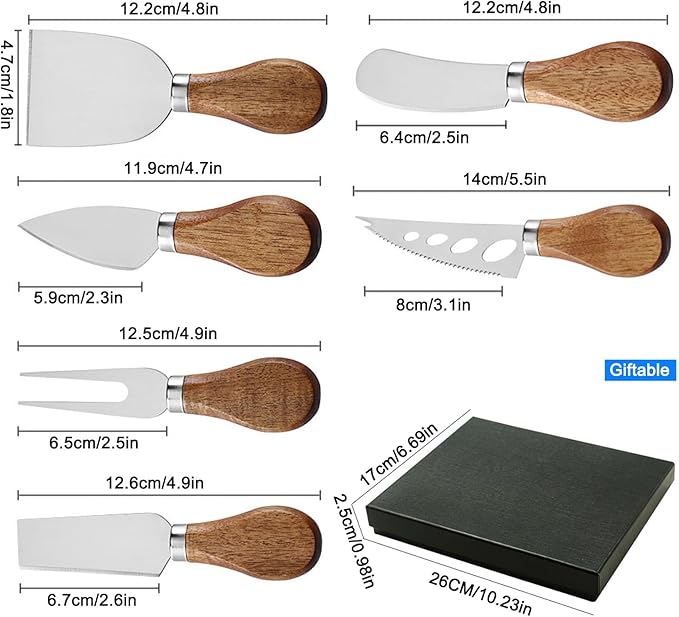 6Pcs Cheese Knife Set,Cheese Knives Cheese Slicer Cheese Cutter Cheese Fork,Cheese Spreading Knife,Wood Handle Stainless Steel Slicer for Charcuterie Boards Cutlery Gift Set