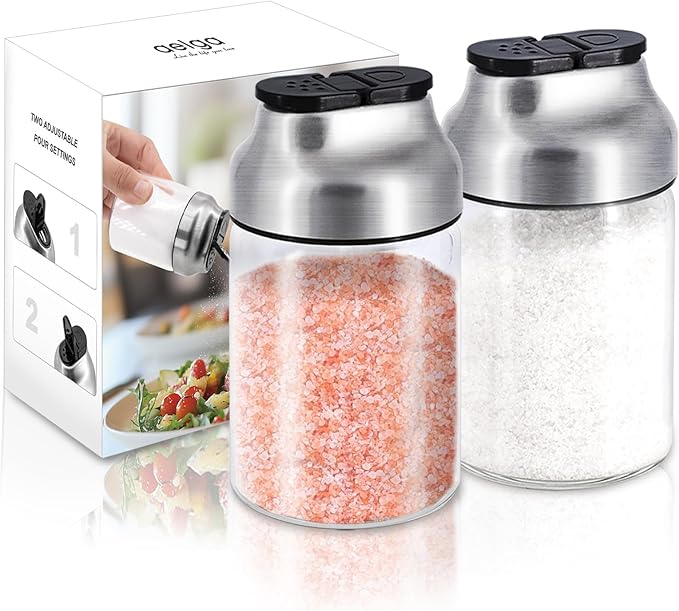 Aelga Salt and Pepper Shakers Set - 5 OZ Glass Salt Shaker with Adjustable Pour Holes - Sugar Dispenser with Stainless Steel Lid - Elegant Kitchen Table Accessories