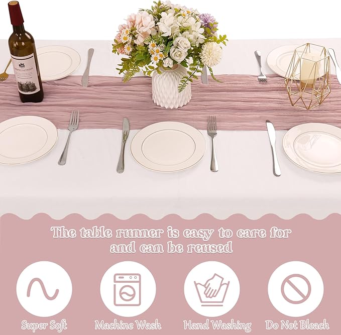 10 Pack Dusty Pink Cheesecloth Table Runner 10FT Boho Gauze Fabric Table Runner Vintage Rustic Sheer Runners for Wedding Party Bridal Baby Shower Long Table Decorations