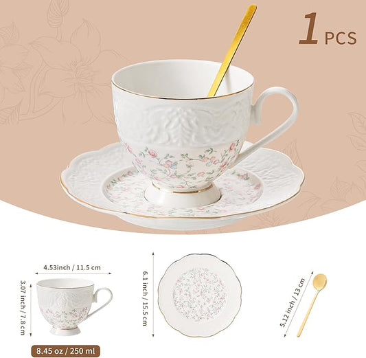 TATSUMI Interglio Embossed Bone China Tea Cup and Saucer Set, 3 Pieces Vintage Style Coffee Cup & Saucer Set For Women Wedding Gift (Starlight Pink, 1 set)