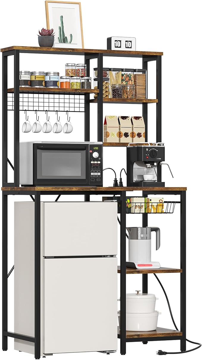 7-Tier Mini Fridge Stand with Storage, Microwave Storage Shelf with Power Outlet, Bakers Rack Stand, All in one Shelf for Dorm Kitchen Coffee Bar, Vintage Brown