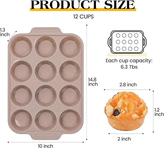 AOTASO 1 Pc Silicone Muffin Pans for Baking with Metal Reinforced Frame, Nonstick Cupcake Tray for Oven, 12 Cups Regular Size Silicone Molds for Egg Bites, Dishwasher Safe (Brown)