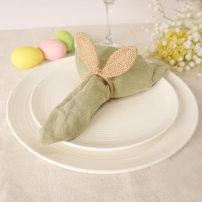 Easter Napkin Rings Set of 6, Burlap Jute Bunny Ear Napkin Rings, Rabbit Ear Napkin Ring Holders for Easter Party Banquet Dinning Spring Table Decoration