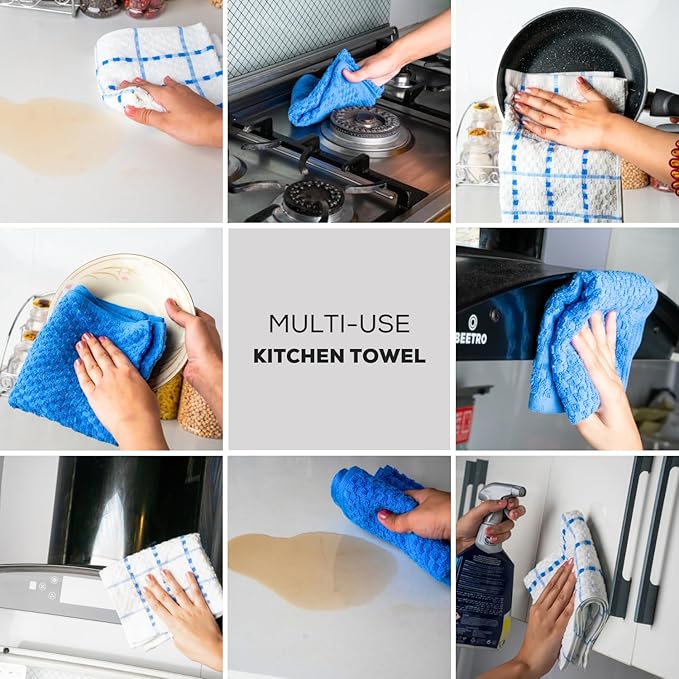 GOLD TEXTILES Kitchen Towels 12 Pack Premium 100% Cotton Dish Towels for Kitchen (15 x 25 Inches) Super Soft & Absorbent Kitchen Hand Towels for Drying Dishes, Cleaning - Reusable and Washable (Blue)