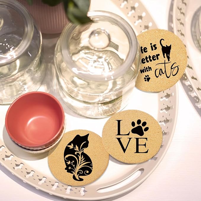 Coasters for Drinks with Holder Set of 6, Cat Paw Coaster for New Home Couples House Warming Gifts Absorbent Cork Wood for Cup Desk Coffee Table Office Kitchen Decor, Round 4"