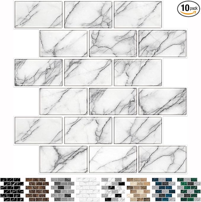 URCOLOR 10-Sheet backsplash Tile for Kitchen Peel and Stick,12"x12" Self Adhesive Subway Wall Tiles Stick on Back Splashes for Bathroom White Marble
