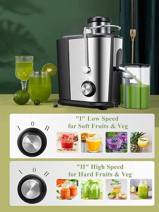 Juilist Juicer Machines with Anti-drip & Anti-slip Function, Centrifugal Juicer Whole Fruit and Vegetable with 3-inch Wide Food Chute, 2 Speeds, Recipe Included, Easy to Clean