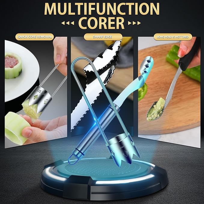 Stainless Steel Fruit and Vegetable Corer Set, Multi-Function Corer and Seed Remover for Apple Tomato (7)