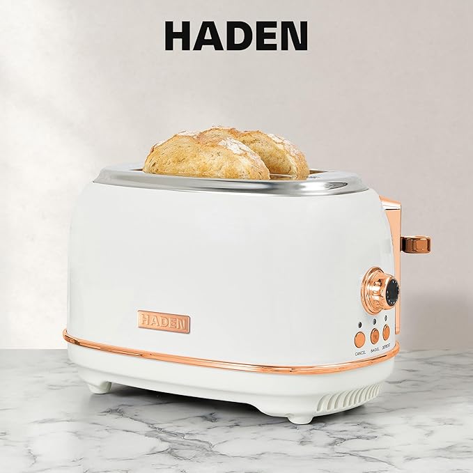 Haden Heritage 2-Slice Wide-Slot Toaster, Stainless-Steel Bread Toaster with Adjustable Browning Control, Crumb Tray & Non-Slip Feet, Ivory & Copper