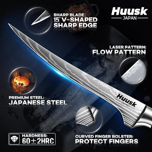 Huusk Filet Knife for Fish - 7 Inch Fish Fillet Knife with Wood Handle, Flexible Boning Knives for Meat Cutting, Professional Japanese Fishing Knives for Meat Poultry Cutting, Christmas Gifts for Men