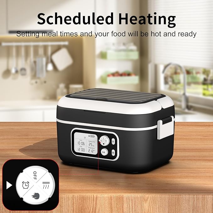 Cordless Electric Heated Lunch Box, 1.5L 6.3Cups 24000mAh Rechargeable Battery Self-Heating Lunch Box, Smart Timer, Even Heating, 100W Portable Food Warmer for Office, Picnic, Car, Outdoor