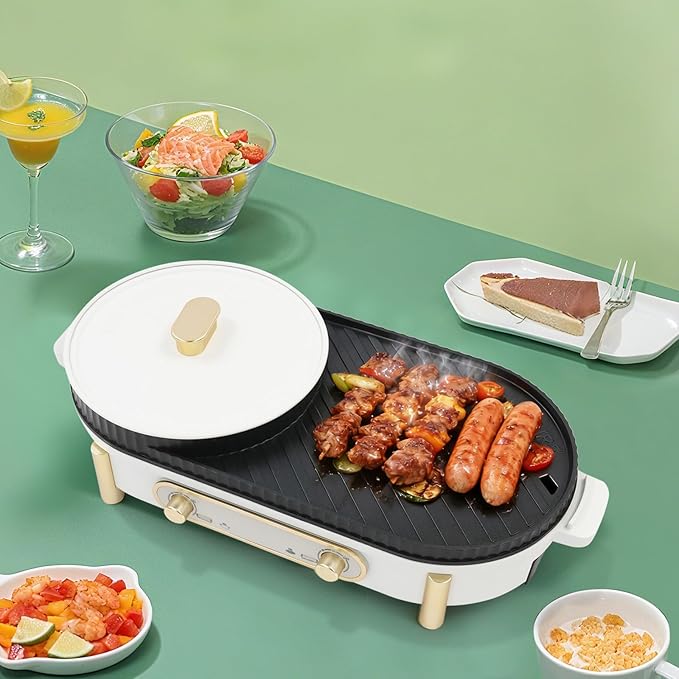 2-in-1 Hot Pot with Grill,1700W Electric BBQ Pan Grill and Hot Pot with Lid, Oval Shabu Shabu Pot with Grill Plate, 110V Tabletop Mandarin Duck Pot with Temperature Independent Control for 3-8 Person