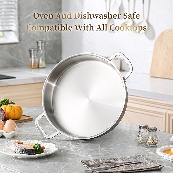 DELARLO 8QT Saute Pan Jumbo Cooker Tri-Ply Stainless Steel Pan, 13Inch Deep Frying Pan with Steel cover, Kitchen Large Skillet,Heavy Duty Style Compatible With All Cooktops Up to 650℉