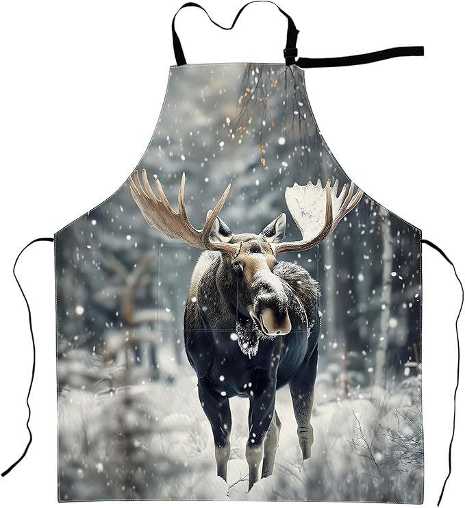 Winter Moose Apron Snowy Forest Realistic Animal Aprons Waterproof Oxford Polyester Adjustable Pockets Design for Cooking, Crafting, Garden Decor, for Adults, 28x33 Inch