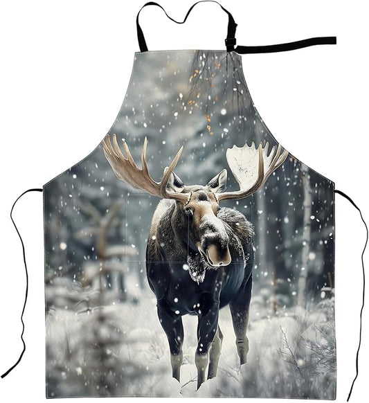 Winter Moose Apron Snowy Forest Realistic Animal Aprons Waterproof Oxford Polyester Adjustable Pockets Design for Cooking, Crafting, Garden Decor, for Adults, 28x33 Inch