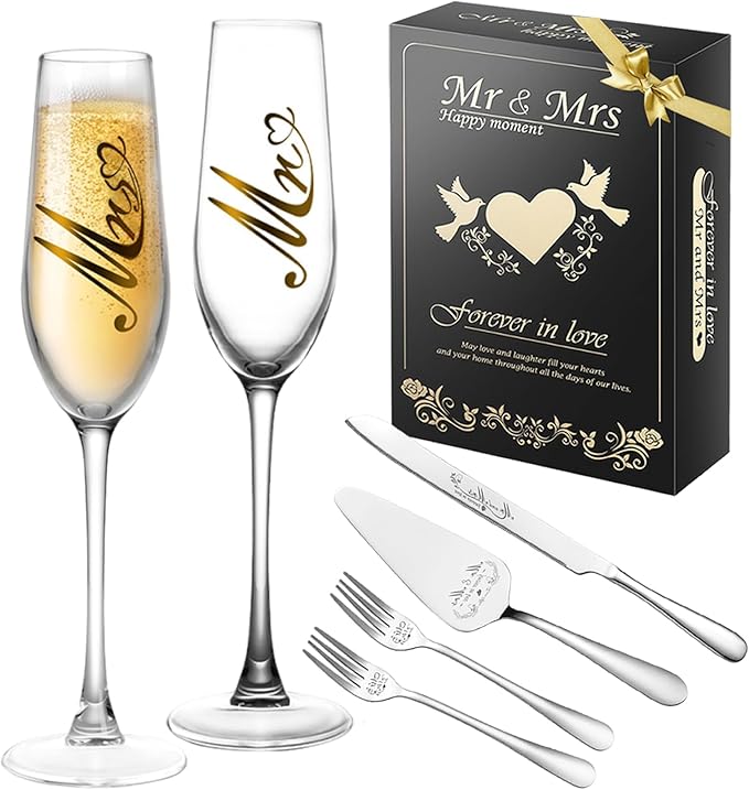 Mr and Mrs Champagne Flutes, Wedding Cake Knife and Server Set, Bride and Groom Champagne Glasses, Cake Cutting Set for Wedding, Bridal Shower Gifts, Engagement Gifts for Couples (Silver, Set of 6)