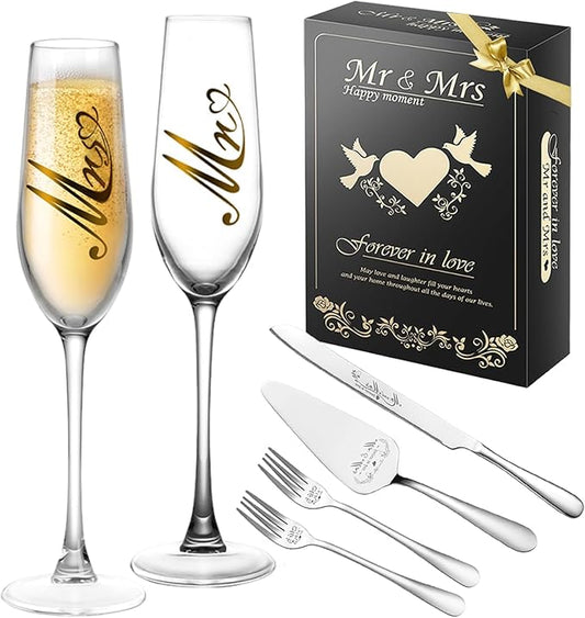 Mr and Mrs Champagne Flutes, Wedding Cake Knife and Server Set, Bride and Groom Champagne Glasses, Cake Cutting Set for Wedding, Bridal Shower Gifts, Engagement Gifts for Couples (Silver, Set of 6)