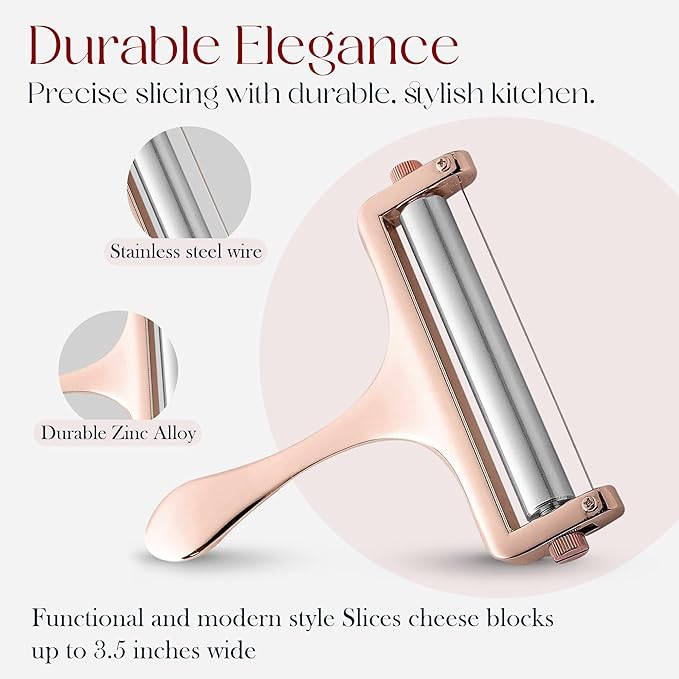 Bellemain Stainless Steel Wire Cheese Slicer - Hand Held Cheese Cutter for Cheddar, Gruyere, Raclette, Mozzarella Block, Adjustable Shaver, Thick & Thin Slicer, Curler (Rose Gold)