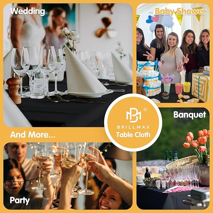 BRILLMAX 8 Pack Black Tablecloths 60 x 126 Inch for 8ft Rectangle Tables - 150 GSM Polyester Fabric, 15" Standard Drop, Water, Stain & Wrinkle Resistant Cloth Cover for Wedding Banquet Dining Buffet