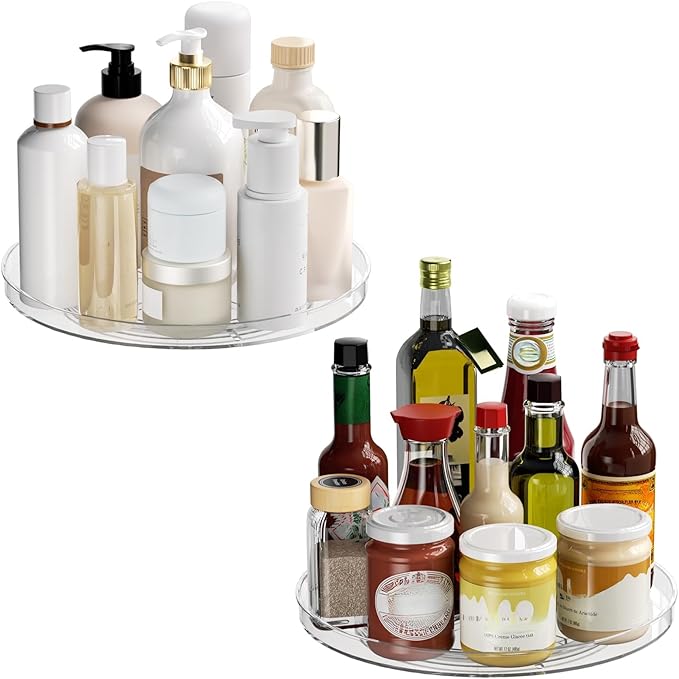 2 Pack Lazy Susan Organizer Turntable, Clear 9 Inch Rotating Organizer Tray for Cabinet Table Top, Round Non-Skid Refrigerator Lazy Susan, Kitchen Storage for Pantry Countertop Bathroom, Spice Rack