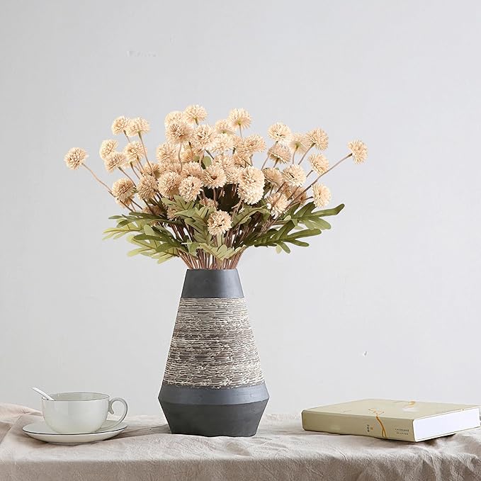 Beige Fake Flowers Long Stem 10PCS, Artificial Flowers Silk Mini Chrysanthemums for Vase, Fake Pompon Mums Vintage Dried Faux Decorative for Home Centerpieces Farmhouse