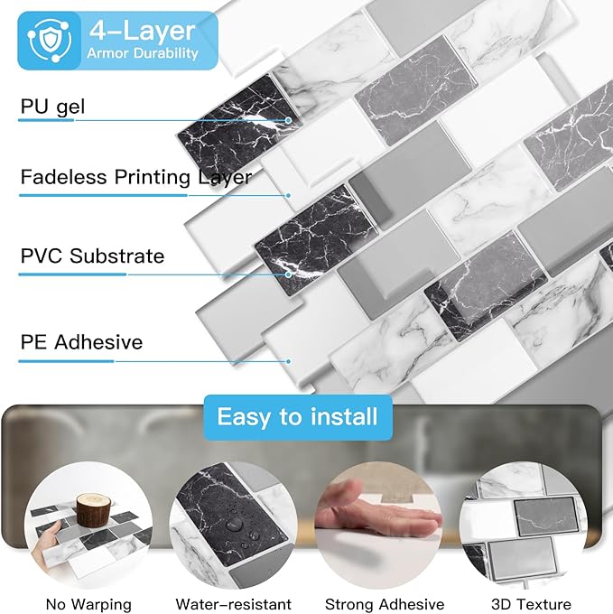Art3d Peel and Stick Black White Grey Marble Wall Tiles – 12"x12" Thicker Design Backsplash, Self-Adhesive Tile for Kitchen & Bathroom Decor