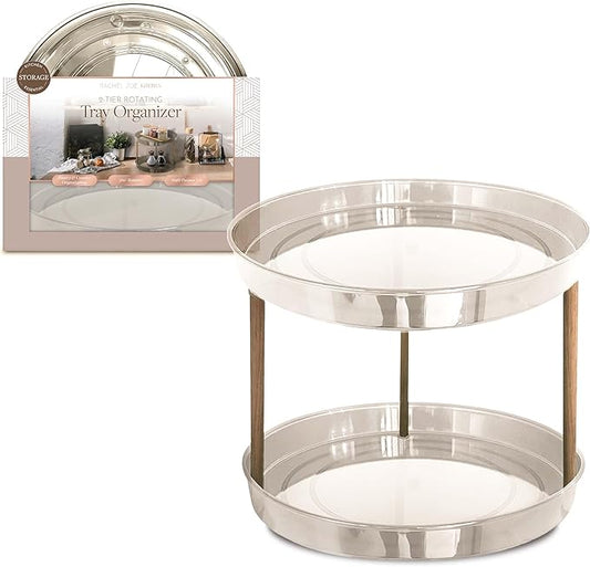 Rachel Zoe 2 Tier Lazy Susan Organizer, Wood Two Tier Lazy Susan Turntable, 360° Spin Tray Organizer, Pantry Spice Organizer for Kitchen, Rotating Bathroom Counter Organizer