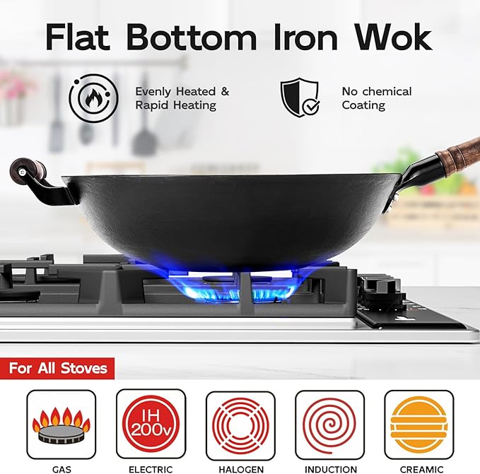 WANGYUANJI 14.2 Inch Cast Iron Wok with Wooden Lid and Stainless Steel Spatula, Large Capacity Flat Bottom Chinese Stir Fry Pan, Non-Toxic Uncoated Cast Iron Wok for Induction, Gas and Electric Stoves