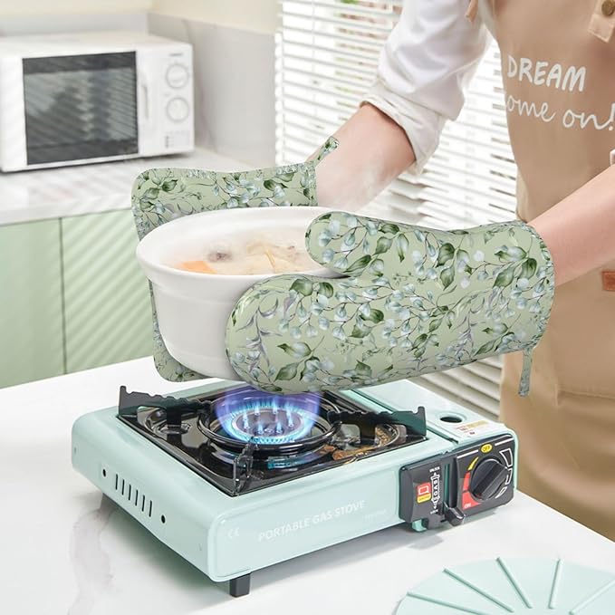 Sage Green Eucalyptus Silicone Oven Mitts and Pot Holders Sets Watercolor Branches Leaves Kitchen Mitts Potholder Kitchen Accessories for Cooking Baking BBQ