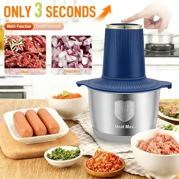 Food Processor, 2 Speed Meat Grinder Electric Food Chopper with 2 Bi-Level Blades Mini Kitchen Cutter for Vegetable, Onion, Garlic, Meat, Nuts, and Baby Food (Blue-2L)