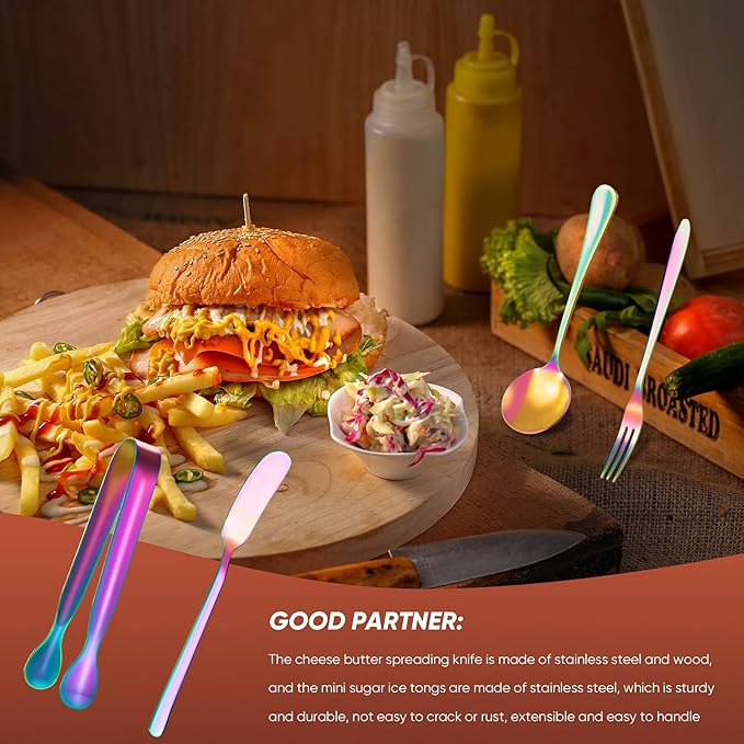 Patelai Charcuterie Boards Accessories Charcuterie Utensils Set Cheese Butter Spreader Knives Stainless Steel Mini Serving Tongs Spoons Forks and Toothpick Flags for Appetizers Pastry(Rainbow Color)