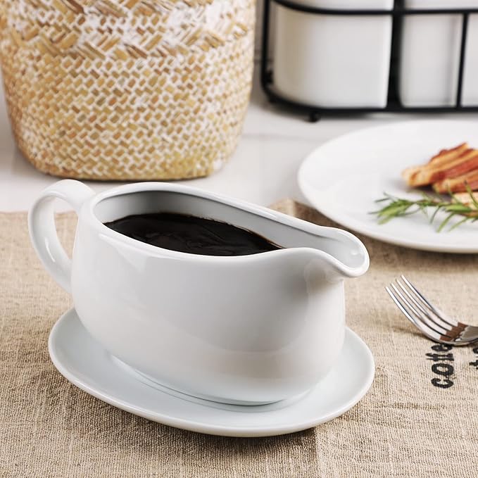 25 oz Gravy Boat and Tray, Ceramic White Gravy Boat with Saucer Stand for Dining, 2 Pieces Procelain Gravy Boat and Saucer