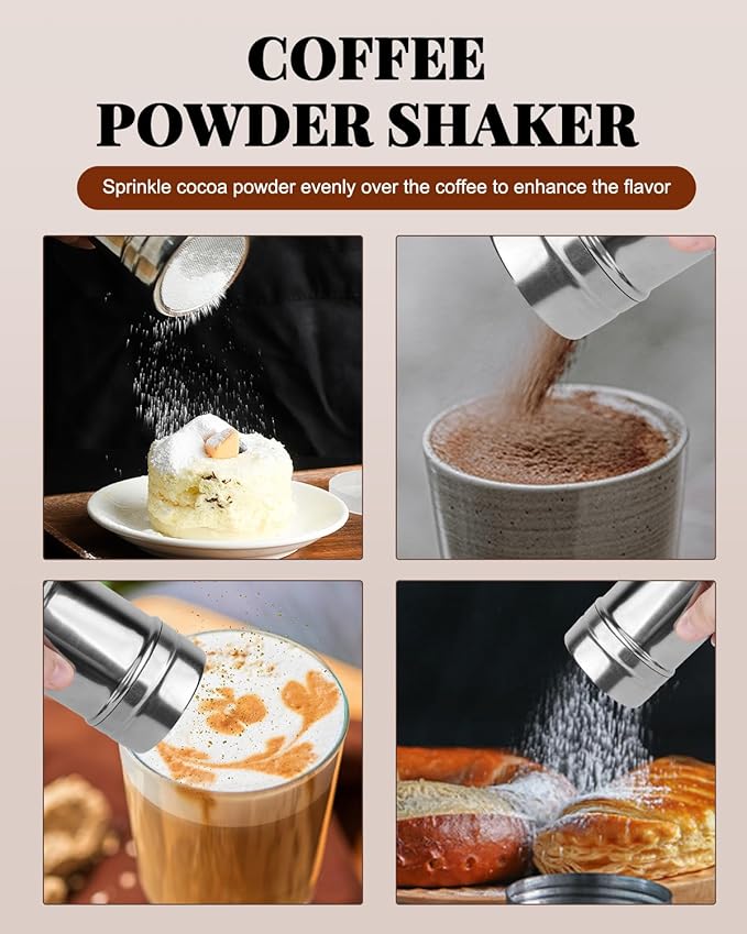 Milk Frothing Pitcher 350ml/12oz Steaming Pitchers Stainless Steel Milk Cappuccino Coffee with Decorating Art Pen, Powder Shaker, 16 Pieces Coffee Decorating Stencils
