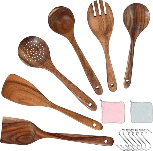 Wooden Spoons for Cooking WOODME 6pcs Wooden Kitchen Utensils Set,Natural Teak Wooden Spoons Cooking Utensil Set For Non Stick Pan With 6 Hooks & 1PCS Kitchen Dish Towels