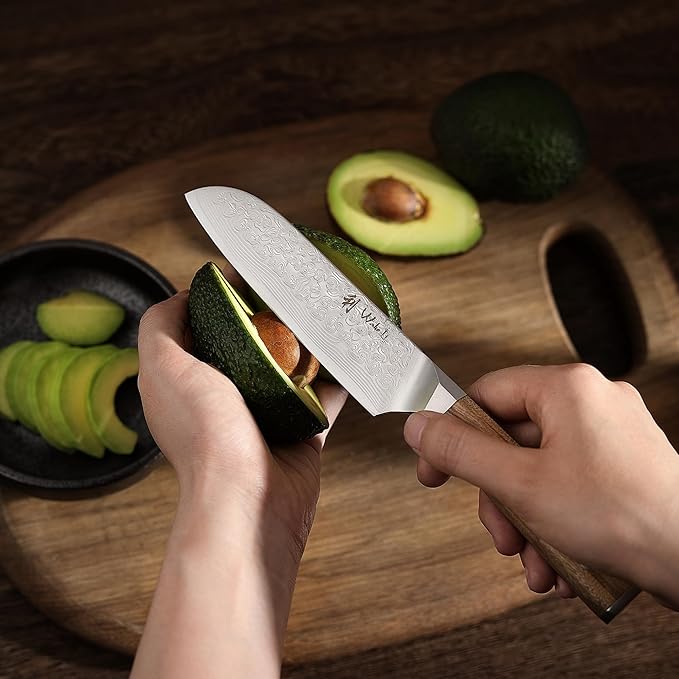 Wakoli Oribu Small Santoku Knife – Full Tang Kitchen Knife | 5-Inch Blade Made of 67-Layer Damascus Steel with AUS-10 Core | Ergonomic Olive Wood Handle | Sharp & Durable