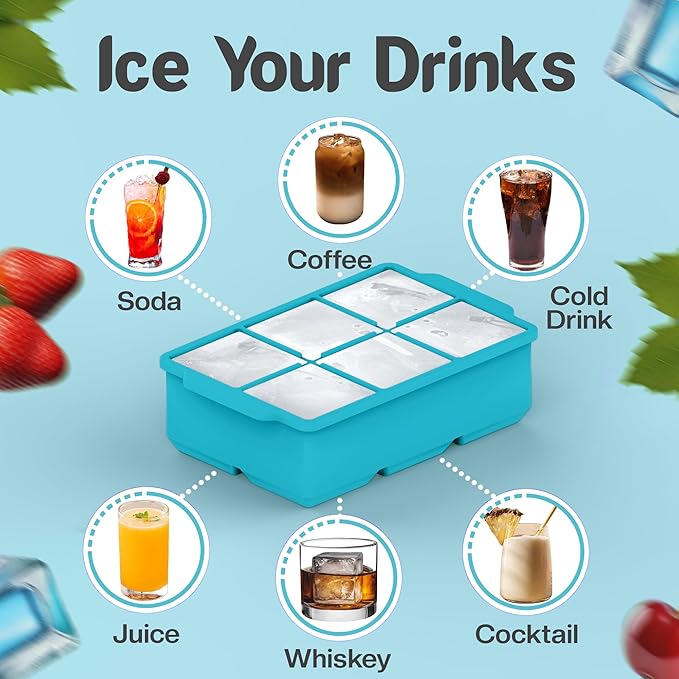KitchFort Large Silicone Ice Cube Tray (2-Pack), Easy Release 2" Big Ice Cubes - Cocktail, Whiskey Ice Cubes Mold - Ice Trays for Freezer with Lid - Stackable Silicone Ice Tray - Turquoise