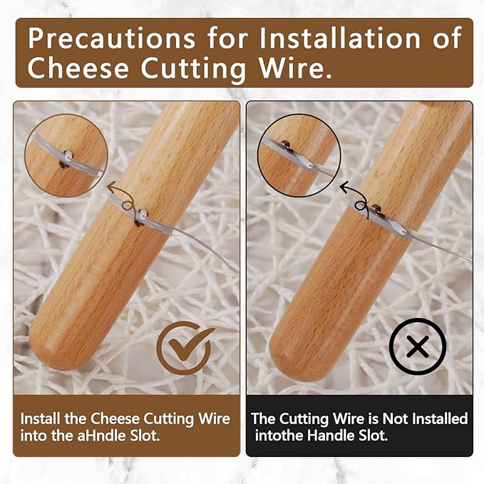 Stainless Steel Cheese Slicer Wire 44"Long-For Soft and Hard Cheese (2 Beech wood handles + 3 Cutting Replacement Wires 44")