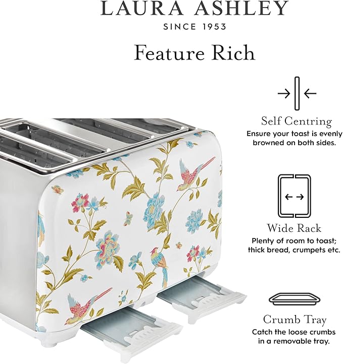 VQ Laura Ashley Elveden White Stainless Steel 4 Slice Toaster | Multi-Functional Bagels & Bread Toaster 4 Slice with Adjustable Heating & Defrost Mode | Featuring 4 Wide Slots, Croissant Warming Rack