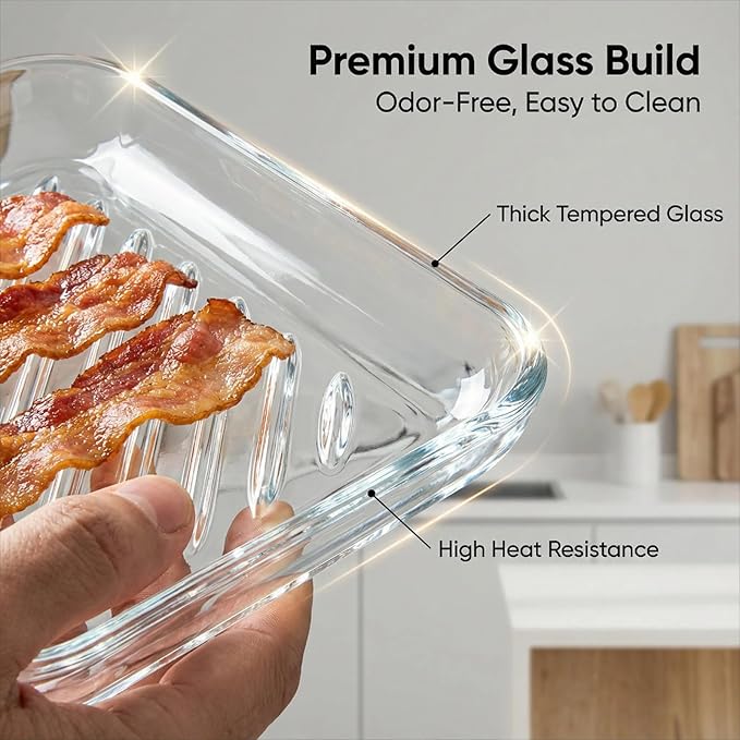 HoPliGhe Microwave Bacon Cooker, Square Glass Microwave Bacon Grill Tray 9.84inch,Cook Crispy Bacon in Minutes