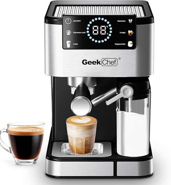 Geek Chef Espresso Machine with Automatic Milk Frother, 20 Bar Coffee & Espresso Maker, Cappuccino/Latte/Iced Coffee Machine, TouchScreen, ESE POD, Instant Heating for Home Barista