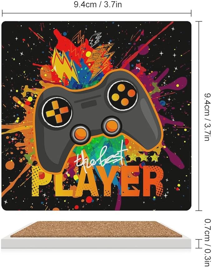 Gamer Drink Coasters, Square Ceramic Drink Coaster Square-4PCS, Kids Cool Gamepad Colorful Game Controller Gaming Gamer Decor Absorbent Ceramic Coasters for Beverage Cup, Bar, Coffee Table