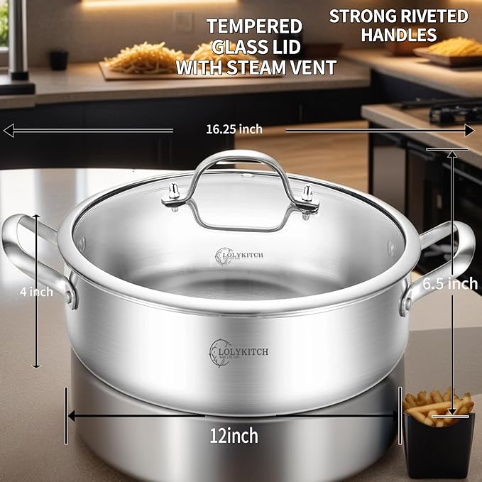 LOLYKITCH 7 Quarts Tri-Ply Stainless Steel Sauté Pan with Lid,12 Inch Deep Frying Pan,Large Skillet,Jumbo Cooker,Induction Pot,Dishwasher and Oven Safe.