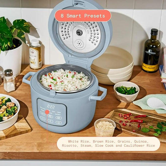 Beautiful 14-Cup Electric Rice & Grain Cooker, Ceramic Nonstick, 8 Presets, Slow Cook, Steamer Tray (Cornflower Blue)