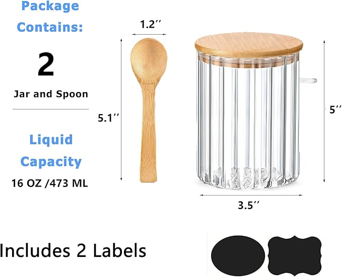 Glass Jar Sugar Container with Bamboo Spoons Lids 16 oz Sugar Bowl Coffee Bar Food Storage Jar Cereal Nuts Salts Coffee Tea Flour Sugar Container Spice（2Pack）