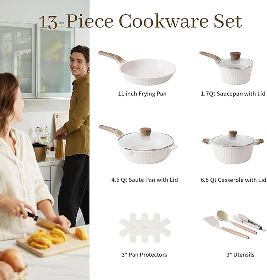 13-Piece Nonstick Pots and Pans Set – Granite Stone Kitchen Cookware Set, PFOA-Free – Includes Frying Pans, Saucepans, Sauté Pan – Induction Compatible, White