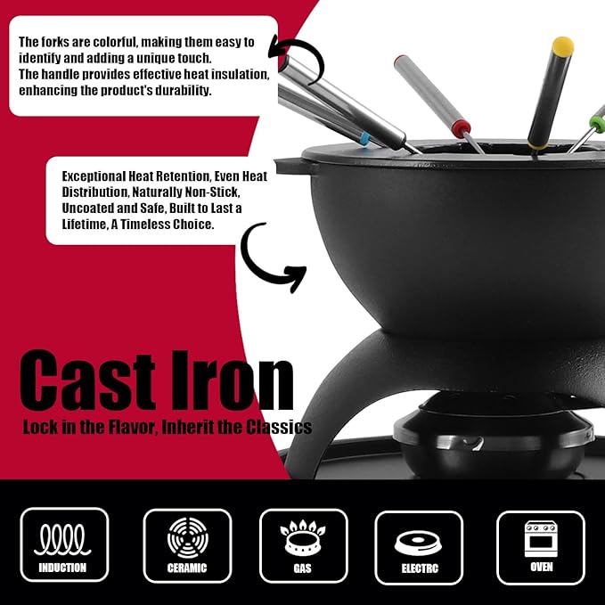 Artestia Cast Iron Fondue Pot for Chocolate, 5-Cup Cheese Fondue Pot with 6 Colored Forks for Fondue Party, 4-6 Person, Black