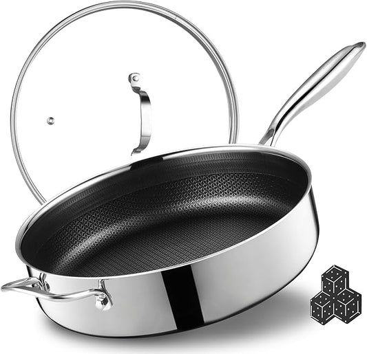 SAKAMOSH 12 Inch Frying Pan Nonstick with Lid, 5.6QT Hybrid Ceramic Deep Saute Pan & Skillet, Tri-Ply Stainless Steel for Even Heat, PFOA/PFOS Free, Induction & Oven Safe